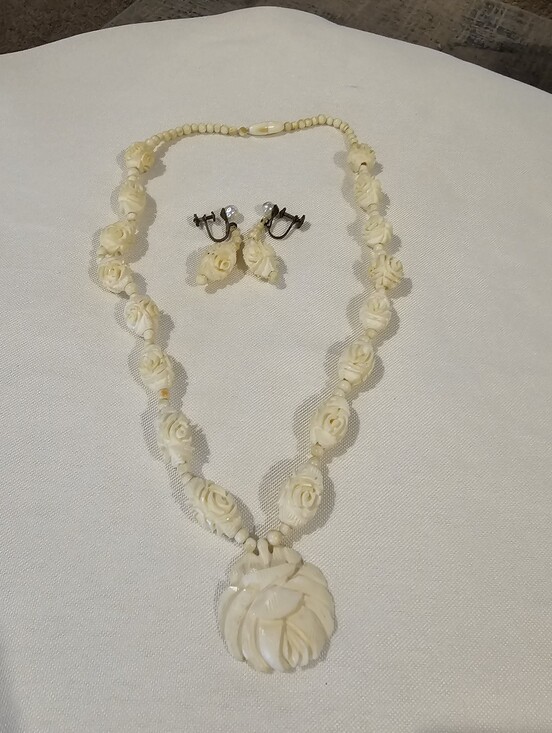 Jewelry - Vintage Bone Carved Necklace And Maching Earrings